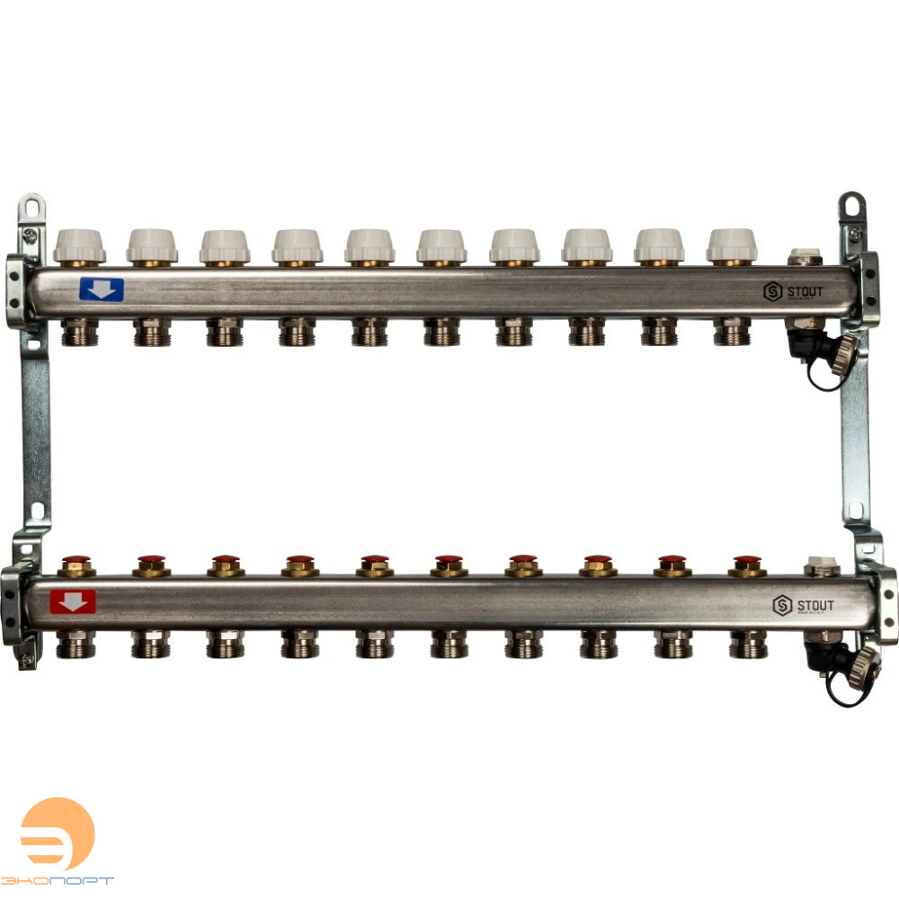 Коллектор 10 вых с вент. вставками (сливные краны, воздухоотводчик, без заглушек) Stout