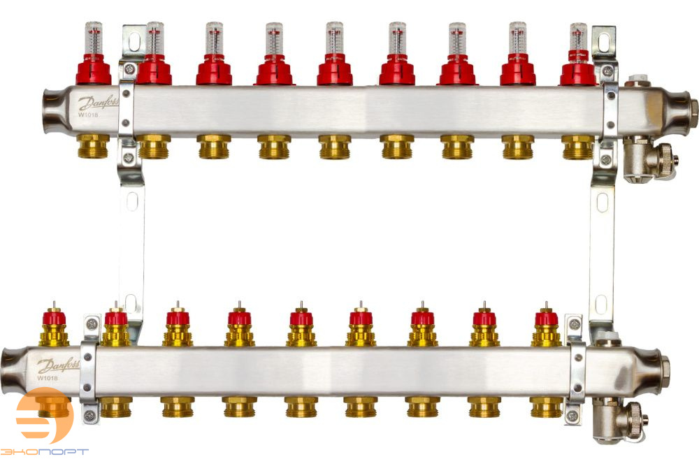 Коллекторы SSM-09F с расходомерами и кронштеинами, 9 контуров,  нерж.