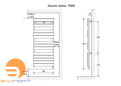 Полотенцесушитель электрический ADELIS, 1374х556х115, 750Вт, антрацит, Atlantic