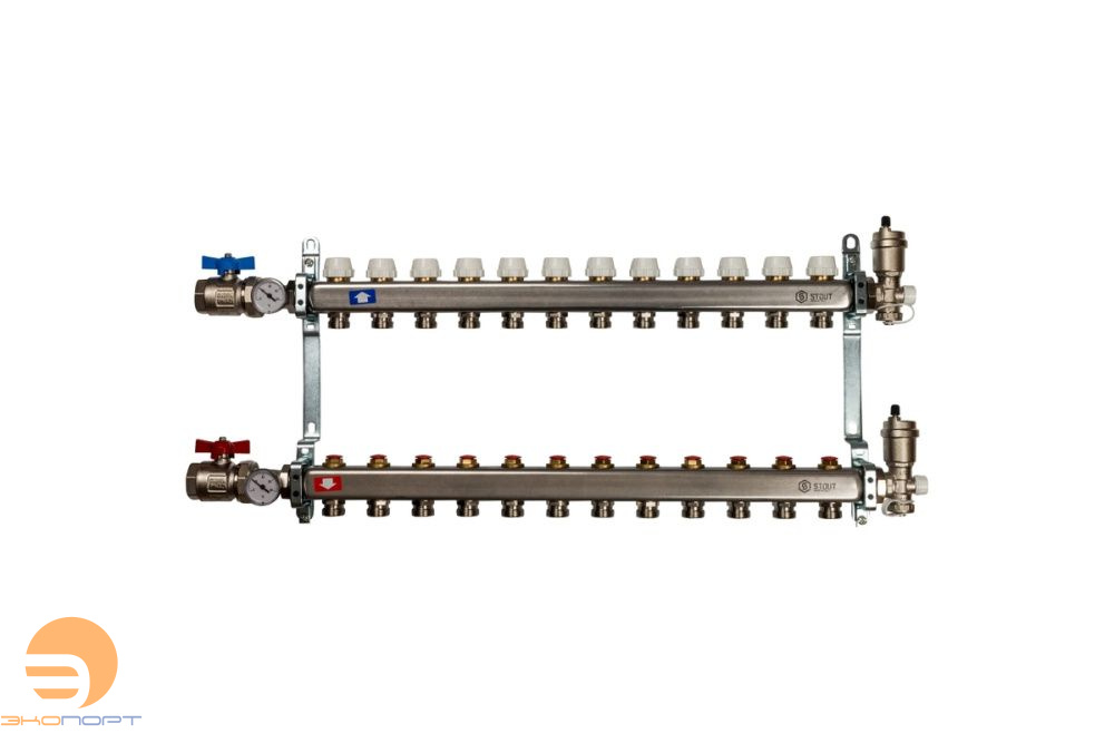 Коллектор в комплекте (краны и авт. воздухоотводчики) 12 вых с вент вставками Stout