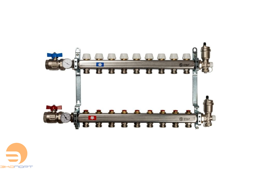 Коллектор в комплекте (краны и авт. воздухоотводчики) 9 вых с вент вставками Stout