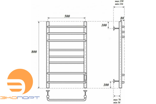 Полотенцесушитель электрический  Сатурн  П8 500x800 диммер справа, хром	Point