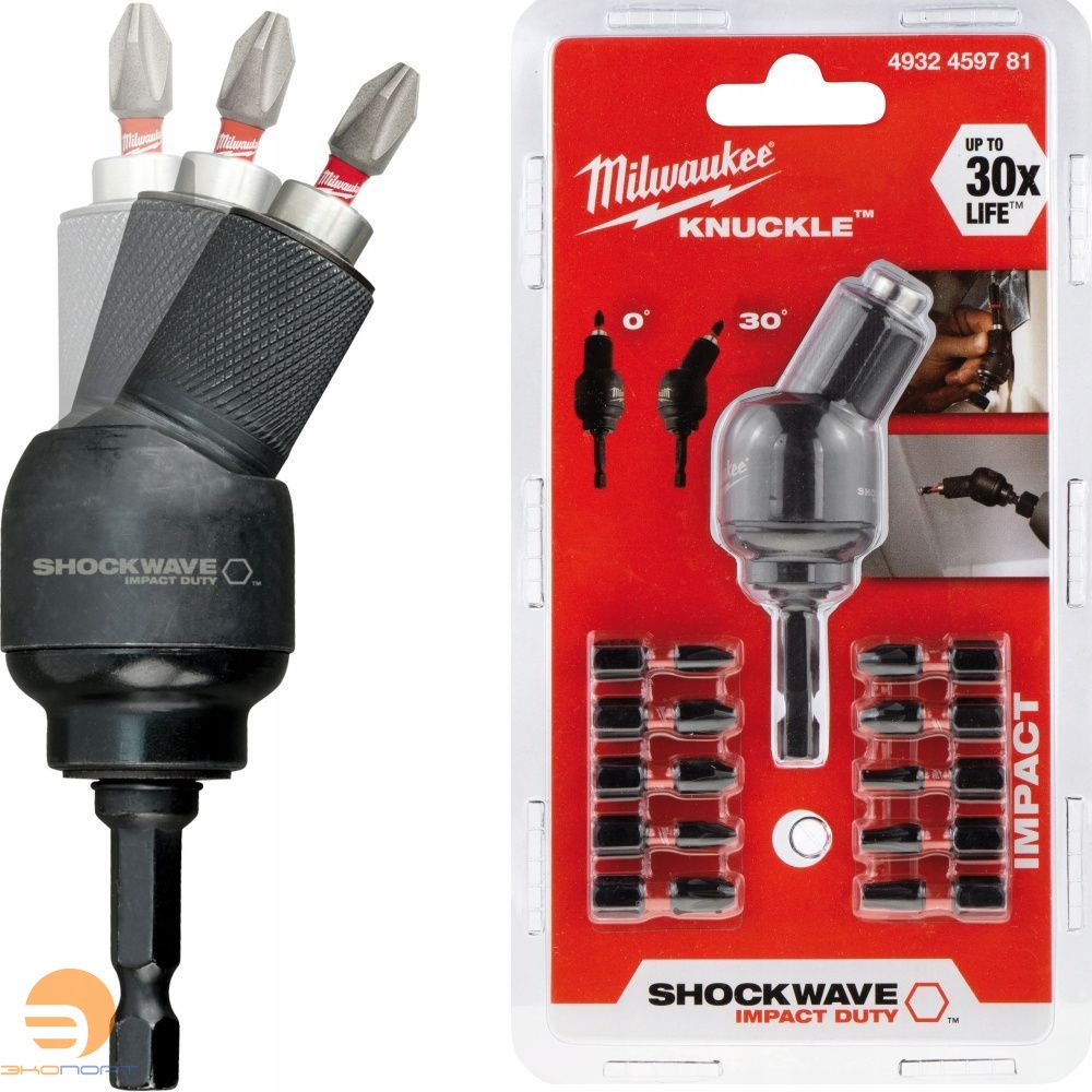 Насадка угловая 0-30° Knuckle SHOCKWAVE™ c набором бит 10шт, Milwaukee