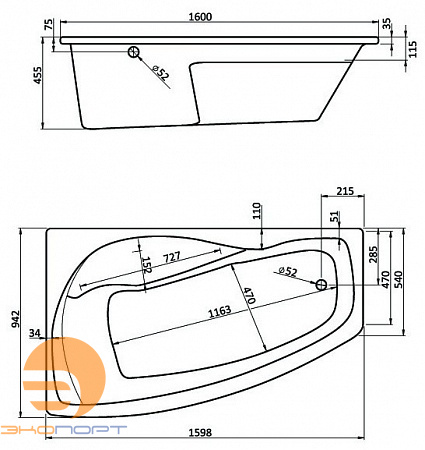 Ванна МАЙОРКА ассиметричная XL 160*95, Белая, Лев. Santek