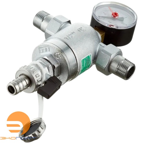 Фильтр сетчатый поворотное соединение 1/2" ВР, с манометром, 100мкм, Tmax=95 С, Pmax=25 бар FAR