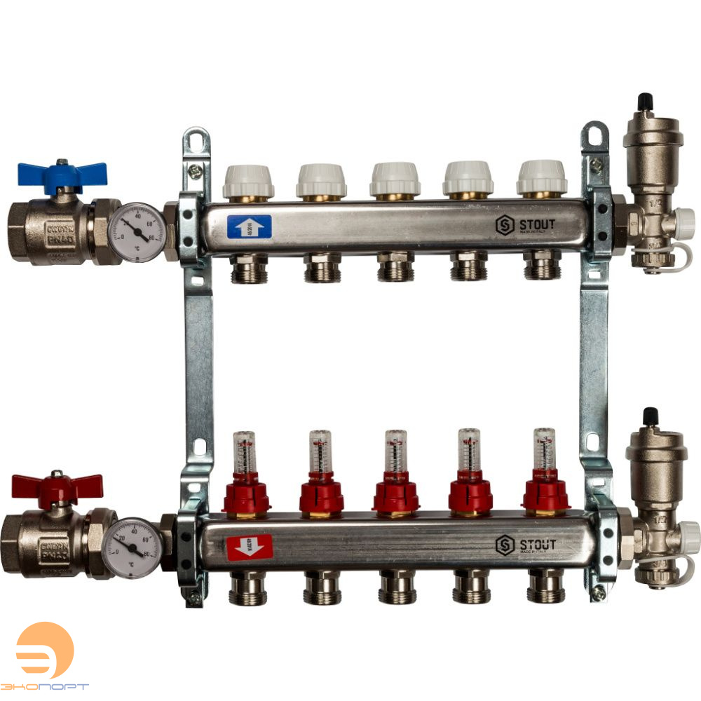 Коллектор в комплекте (краны и авт. воздухоотводчики)  5 вых с расходомерами Stout