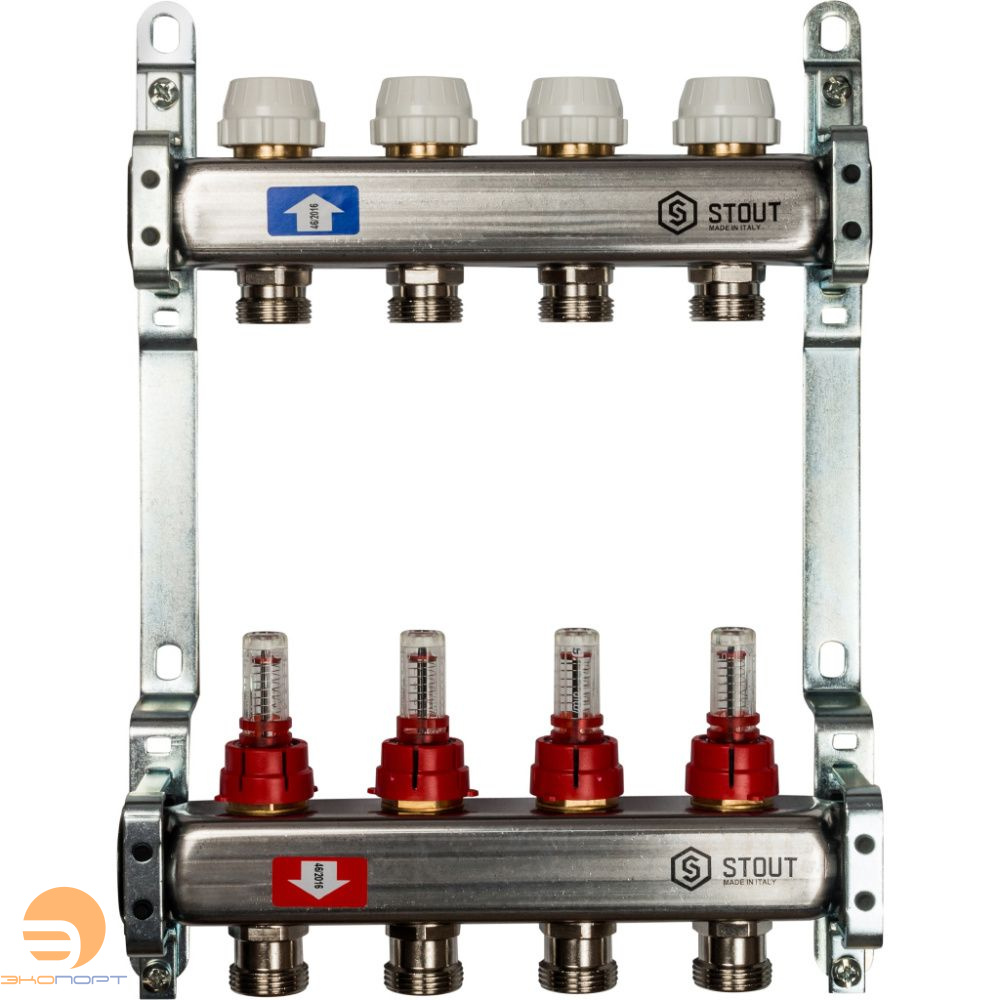 Коллектор  4 вых с расходомерами (без сливных кранов, без воздухоотводчиков, без заглушек) Stout