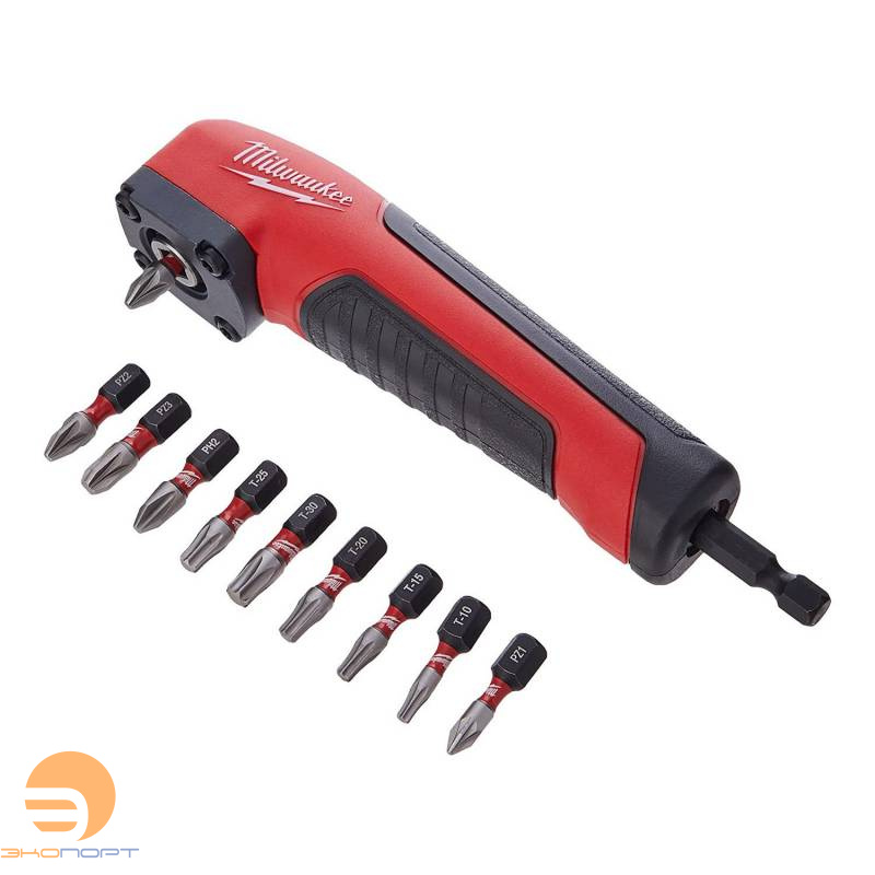 Насадка угловая 90° SHOCKWAVE™ c набором бит 10шт, Milwaukee