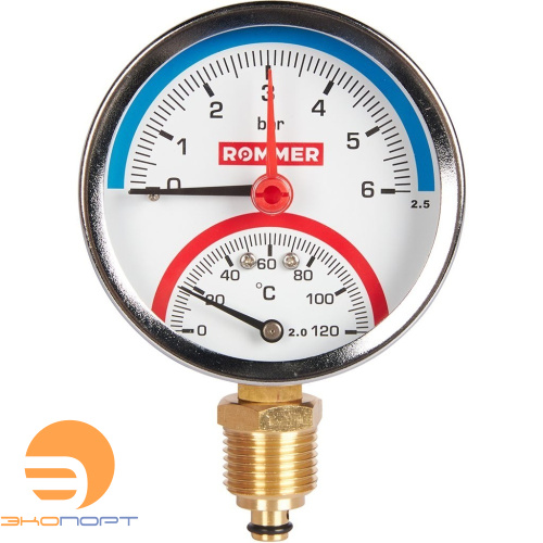 Термоманометр радиальный, Dn 80 мм 1/2 , 0...120°C, 0-6 бар, ROMMER