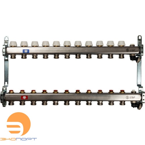 Коллектор 11 вых с вент. вставками (сливные краны, воздухоотводчик, без заглушек) Stout