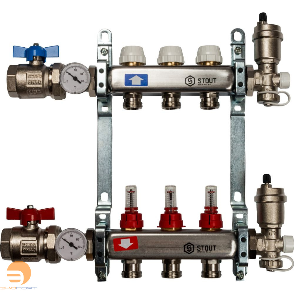 Коллектор в комплекте (краны и авт. воздухоотводчики)  3 вых с расходомерами Stout