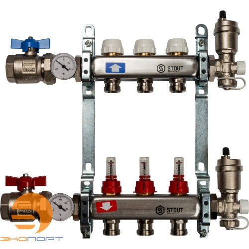 Коллектор в комплекте (краны и авт. воздухоотводчики)  3 вых с расходомерами Stout