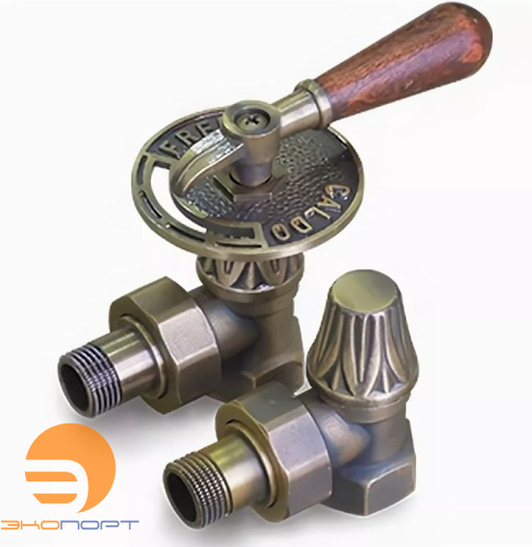 Комплект угловых вентилей для чугунных радиаторов (1/2) с деревянной ручкой, EXEMET