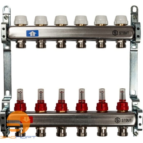 Коллектор  6 вых с расходомерами (без сливных кранов, без воздухоотводчиков, без заглушек) Stout