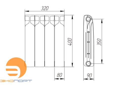Радиатор биметаллический BR1 350/90 мм 4 секции Теплоприбор