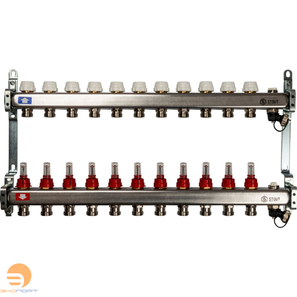 Коллектор 11 вых с расходомерами (сливные краны, воздухоотводчик, без заглушек) Stout