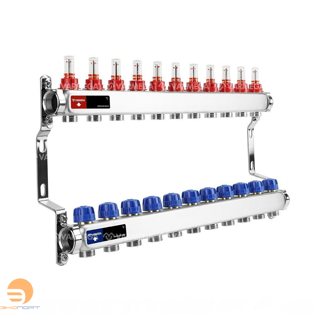 Коллектор с расходомерами 11 выходов (ВР1", 3/4" EK), нерж сталь Varmega