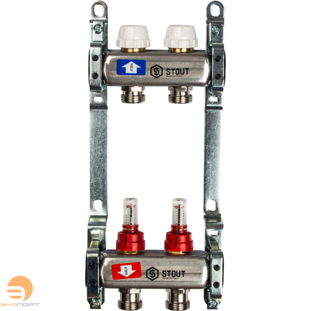 Коллектор  2 вых с расходомерами (без сливных кранов, без воздухоотводчиков, без заглушек) Stout