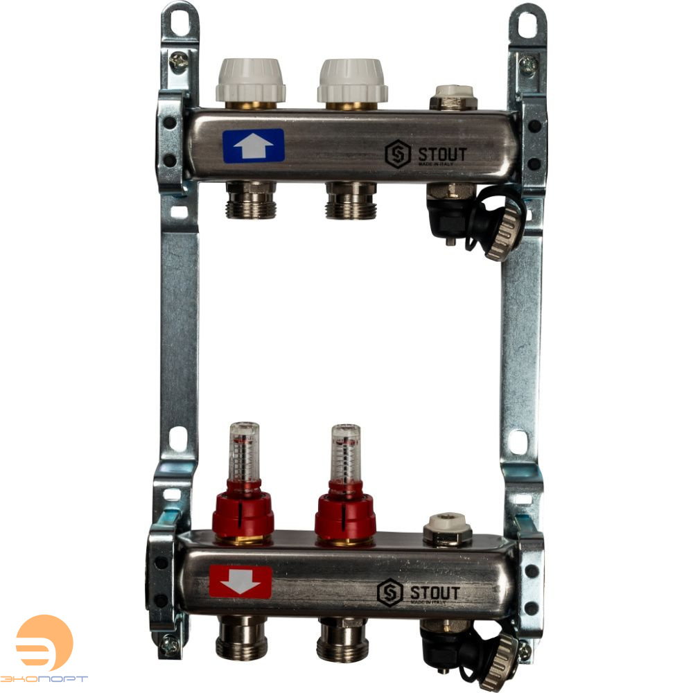 Коллектор  2 вых с расходомерами (сливные краны, воздухоотводчик, без заглушек) Stout