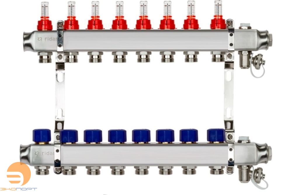 Комплект коллекторов SSM-8RF set, нерж., с расходомерами и кронштейнами, 8 контуров Ridan