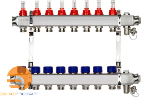 Комплект коллекторов SSM-8RF set, нерж., с расходомерами и кронштейнами, 8 контуров Ridan