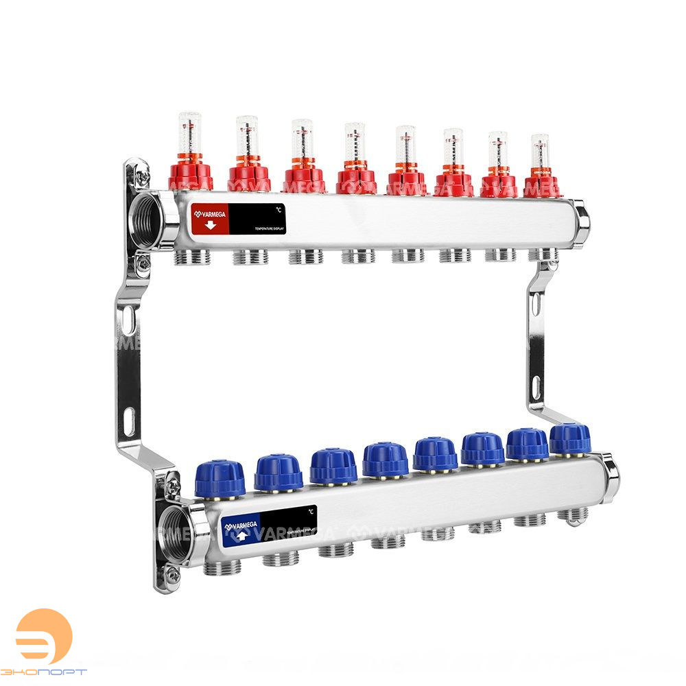 Коллектор с расходомерами 8 выходов (ВР1", 3/4" EK), нерж сталь Varmega