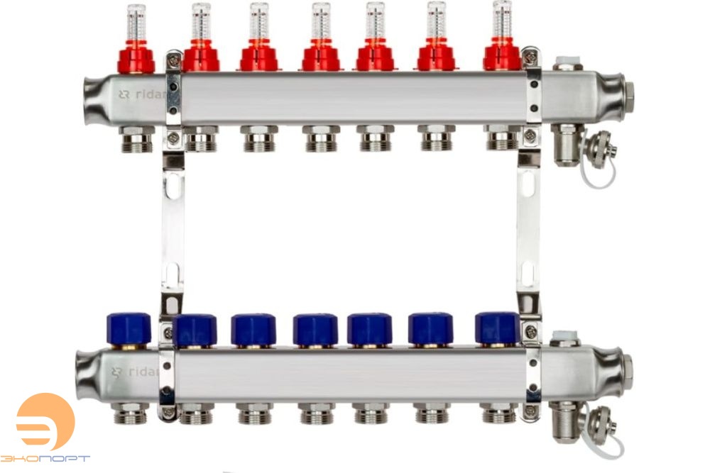 Комплект коллекторов SSM-7RF set, нерж., с расходомерами и кронштейнами, 7 контуров Ridan