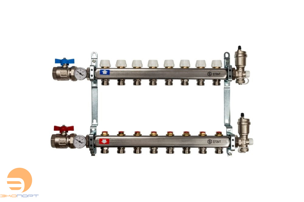 Коллектор в комплекте (краны и авт. воздухоотводчики) 8 вых с вент вставками Stout