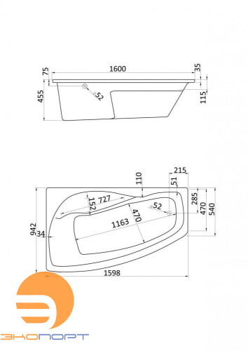 Ванна МАЙОРКА ассиметричная XL 160*95, Белая, Лев. Santek