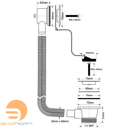 Слив-перелив д/ванн/поддонов L460хD25мм, н/ж решетка, пробка, цепочка, вых. 1 1/2" McAlpine