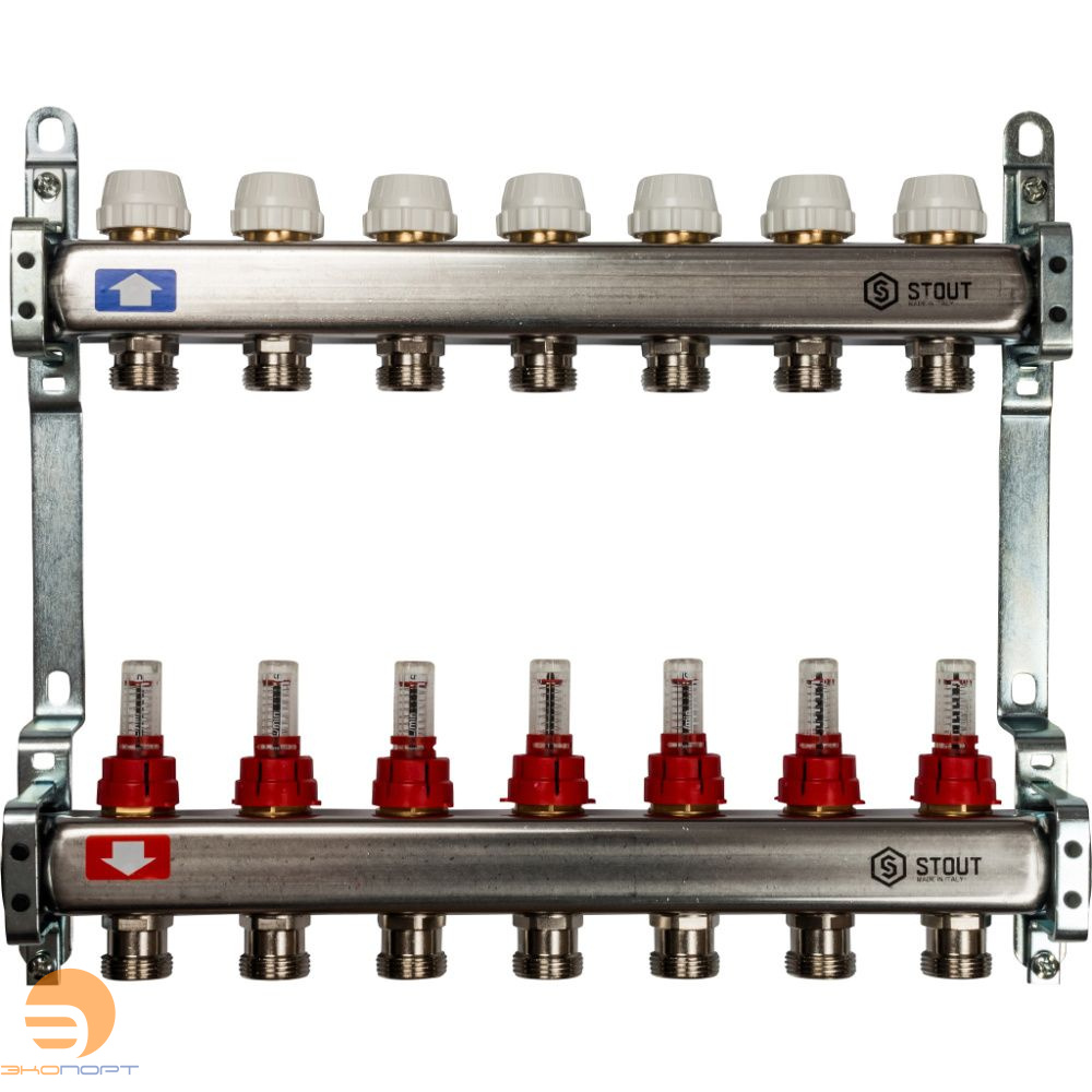 Коллектор  7 вых с расходомерами (без сливных кранов, без воздухоотводчиков, без заглушек) Stout