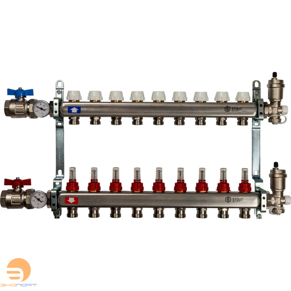 Коллектор в комплекте (краны и авт. воздухоотводчики)  9 вых с расходомерами Stout