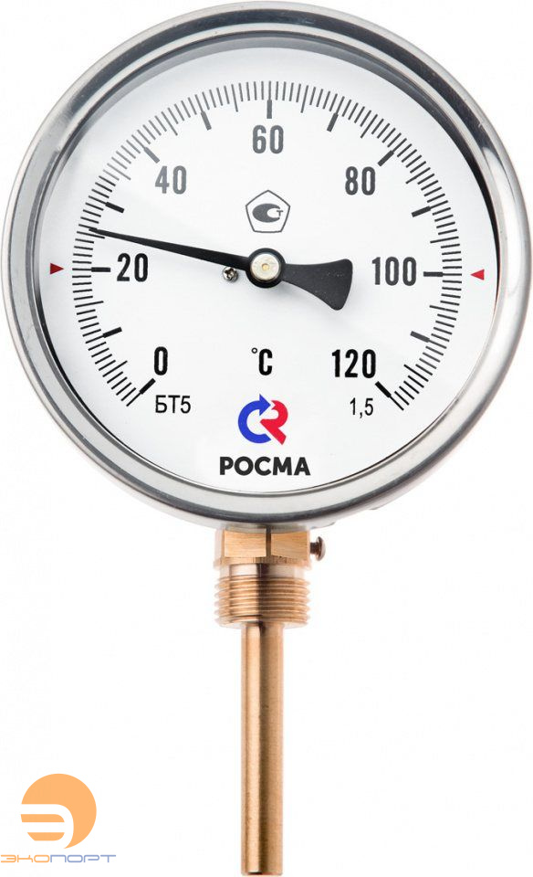 Термометр биметаллический коррозионностойкий БТ-52.220, 100мм (0...+160С) G1/2", L100, кл.т.1,5, нержавеющая сталь, радиальный