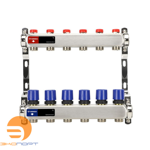 Коллектор с регулирующими и балансировочными клапанами 6 выхода (ВР1", 3/4" EK), нерж сталь Varmega