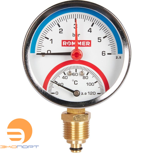 Термоманометр радиальный, Dn 80 мм 1/2 , 0...120°C, 0-6 бар, ROMMER Термоманометр радиальный, Dn 80 мм 1/2 , 0...120°C, 0-6 бар, ROMMER