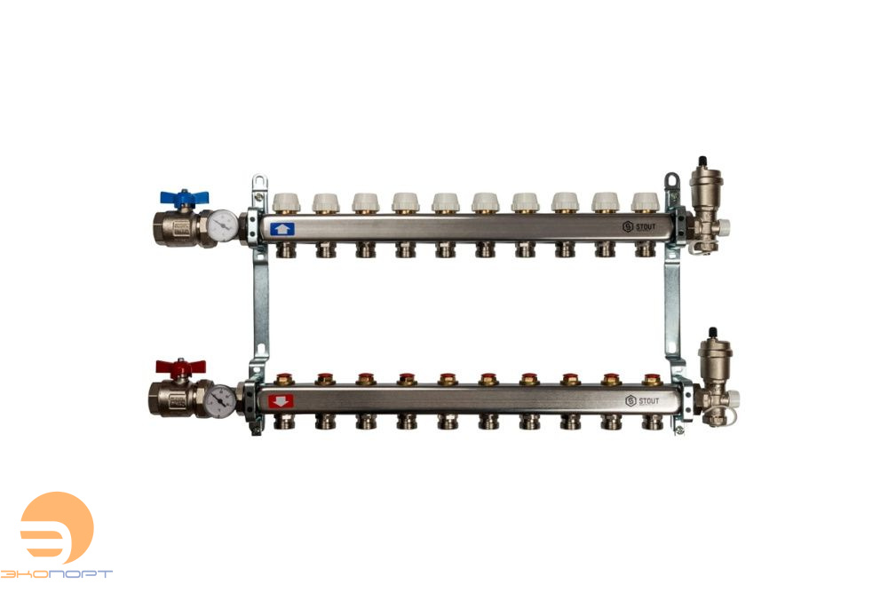 Коллектор в комплекте (краны и авт. воздухоотводчики) 10 вых с вент вставками Stout