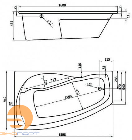 Ванна МАЙОРКА ассиметричная XL 160*95, Белая, Лев. Santek