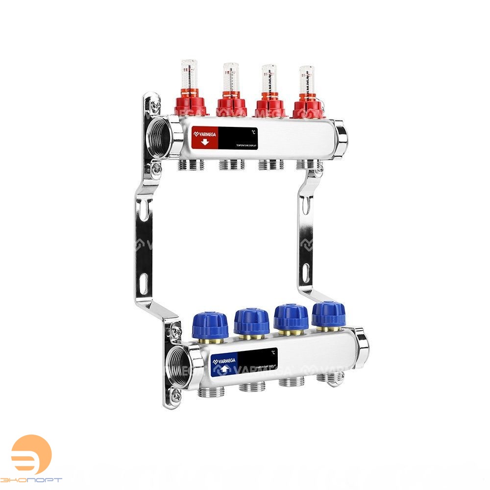 Коллектор с расходомерами 4 выхода (ВР1", 3/4" EK), нерж сталь Varmega