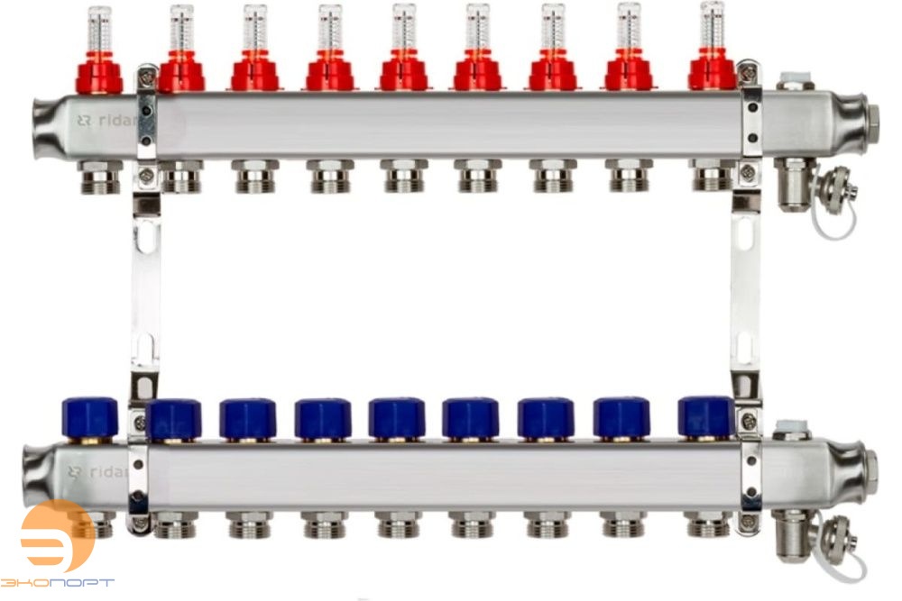 Комплект коллекторов SSM-9RF set, нерж., с расходомерами и кронштейнами, 9 контуров Ridan
