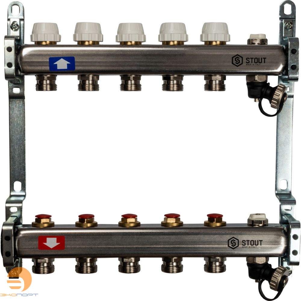 Коллектор  5 вых с вент. вставками (сливные краны, воздухоотводчик, без заглушек) Stout
