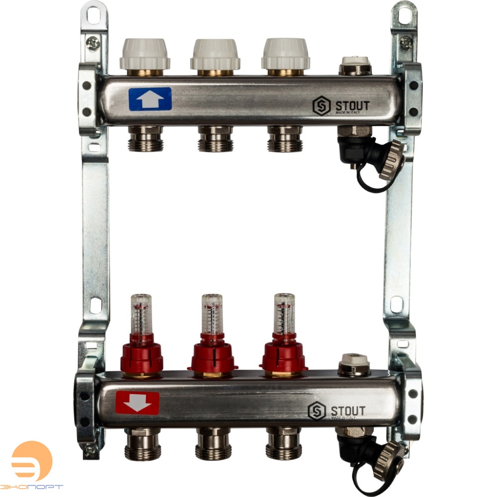 Коллектор  3 вых с расходомерами (сливные краны, воздухоотводчик, без заглушек) Stout 