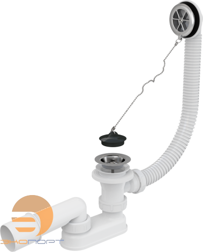 Сифон для ванн с переливом L 570 х Д 52 мм н/ж решетка,пробка, вых 40/50 ХРОМ ALCA PLAST