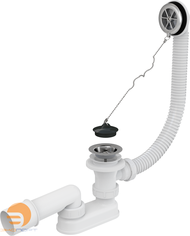 Сифон для ванн с переливом L 570 х Д 52 мм н/ж решетка,пробка, вых 40/50 ХРОМ ALCA PLAST