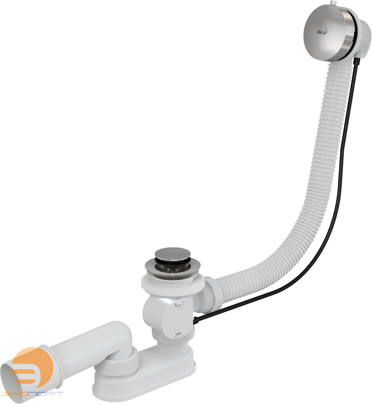 Сифон для ванн с автопереливом. L 570 х Д 52 мм, CLICK/CLACK вых 40/50 ХРОМ ALCA PLAST