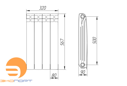 Радиатор алюминиевый 500/90  4 секции Теплоприбор