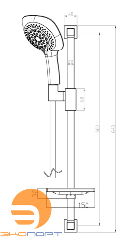 Душевая стойка 625мм с лейкой 6-ф., мыльницей и шлангом 1,5м, хром, блистер, LEMARK