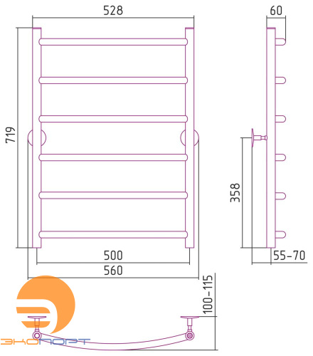 Полотенцесушитель Универсал-50 800х500, нерж. ст., полировка Стилье