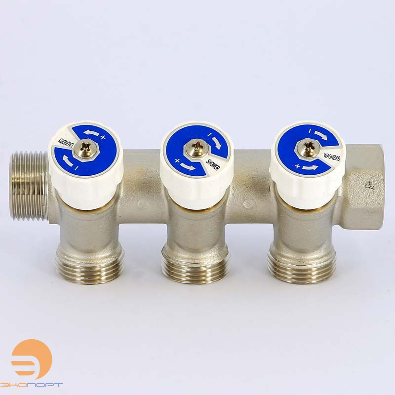 Коллектор с вент. вставками НВ 3/4" 3х3/4"ЕК Н 40мм никель Uni-Fitt