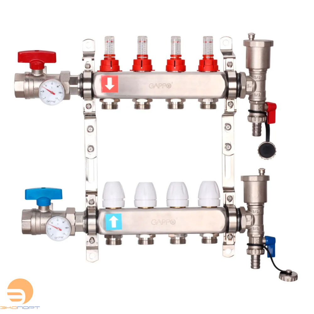 Коллектор из нержавеющей стали с расходомерами  (4 вых) с кранами+воздухоотводчик, Gappo