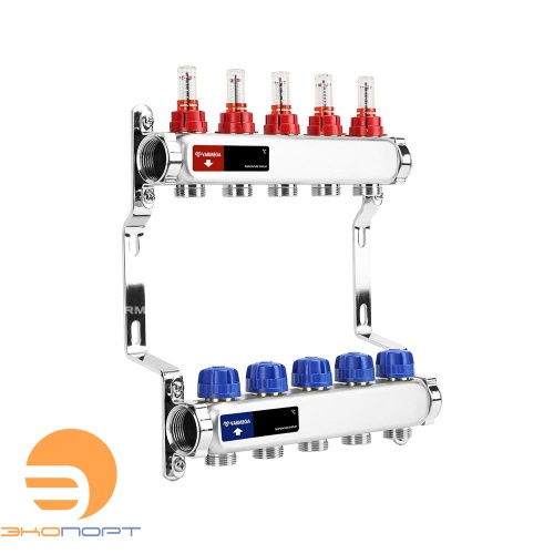 Коллектор с расходомерами 5 выходов (ВР1", 3/4" EK), нерж сталь Varmega